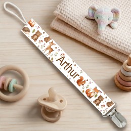 Attache-Tétine Personnalisée avec prénom pour bébé : renard, biche, écureuil