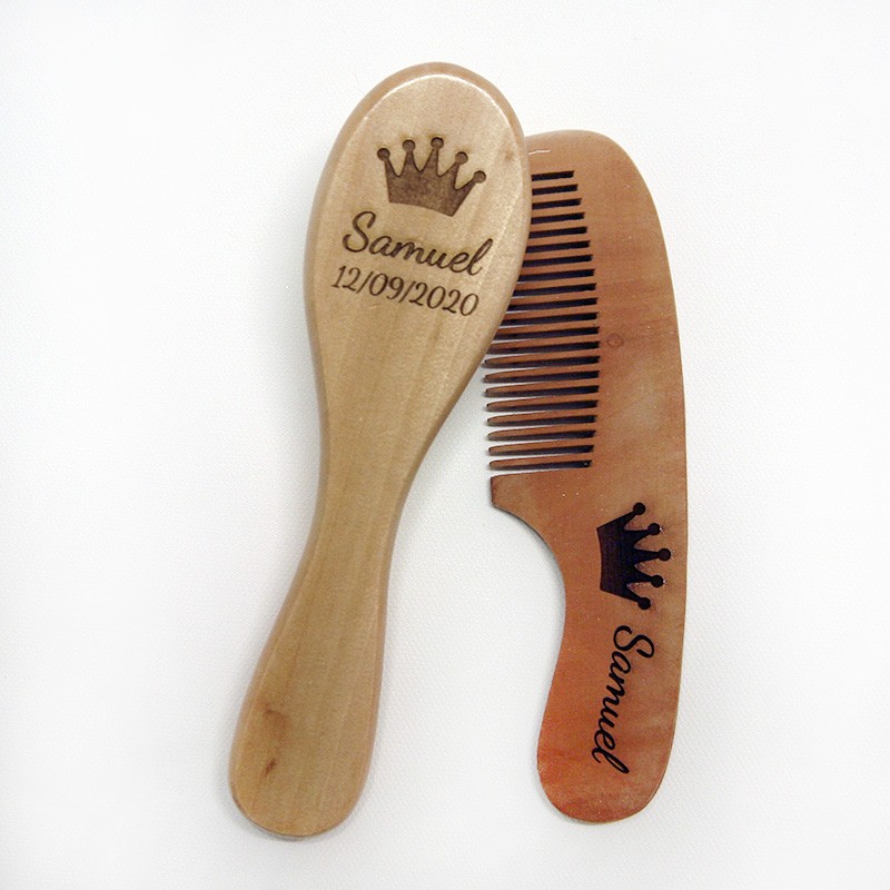 Brosse et peigne de naissance personnalisés en bois - Beige