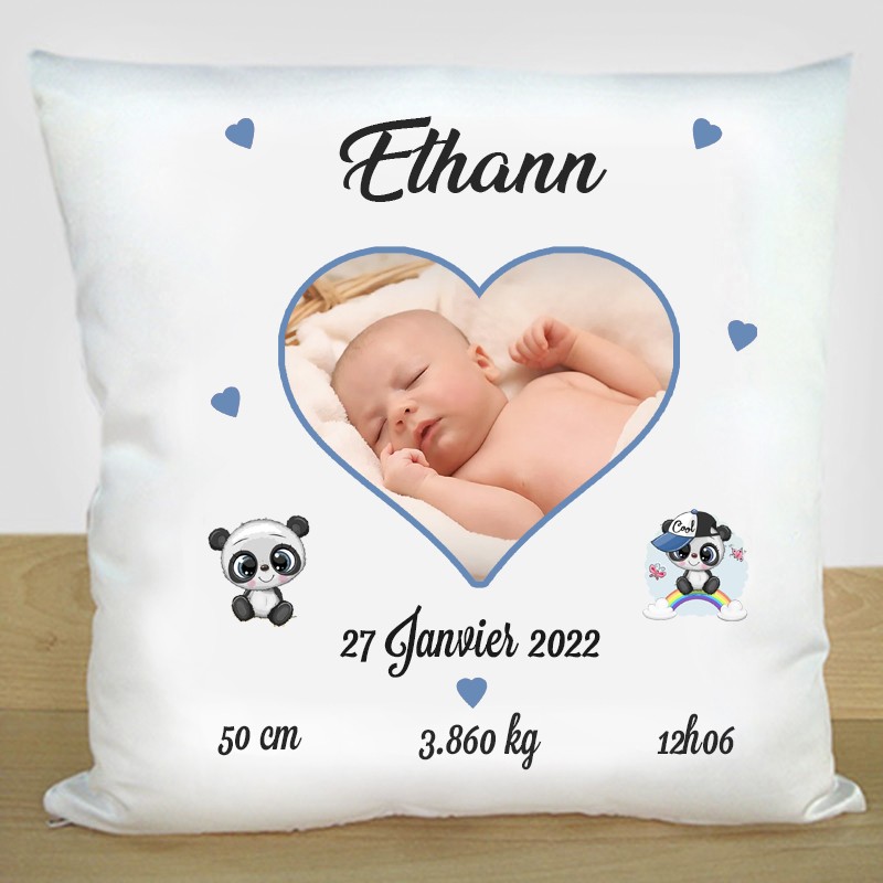 Housse de coussin bébé personnalisé avec prénom et date de naissance