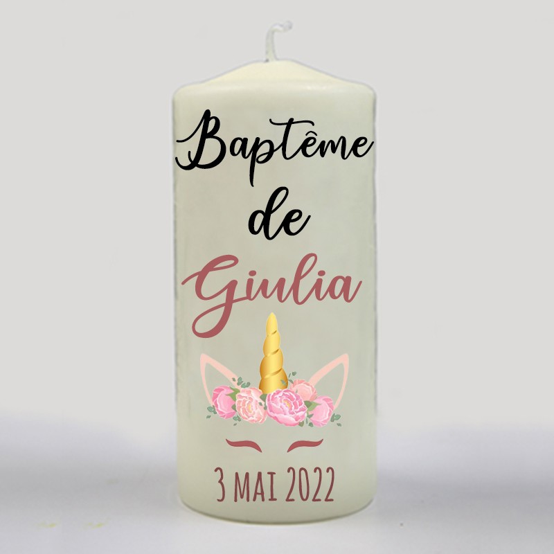 Bougie Personnalisée Licorne - Bougie Baptême Personnalisée Licorne